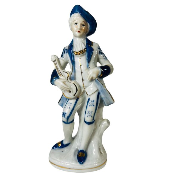 Vtg Korean Porcelain Figurine Of Musician Guitar Blue White Hand-Painted Decor - Picture 1 of 11